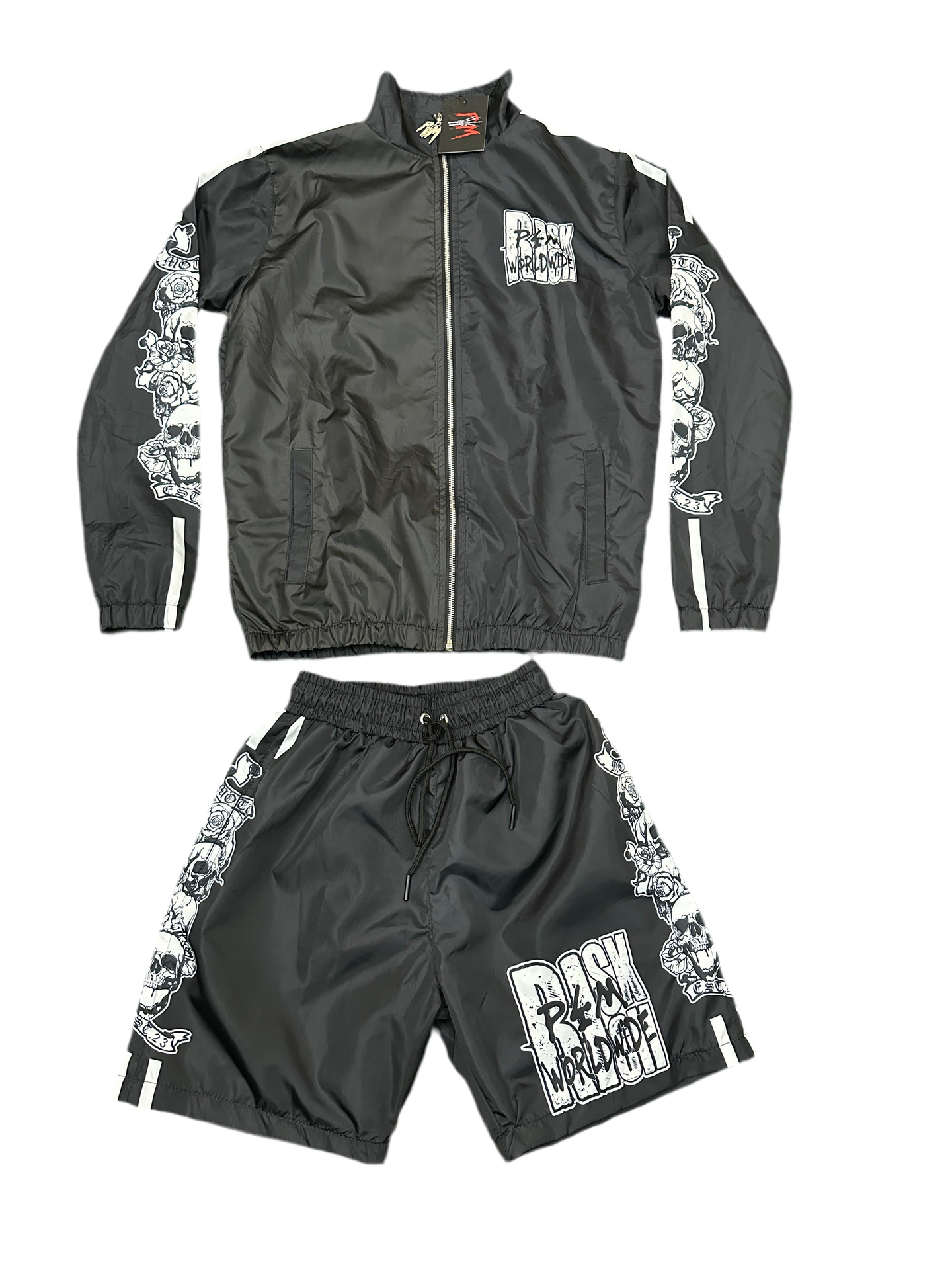 Black “RiskRich” track shorts set